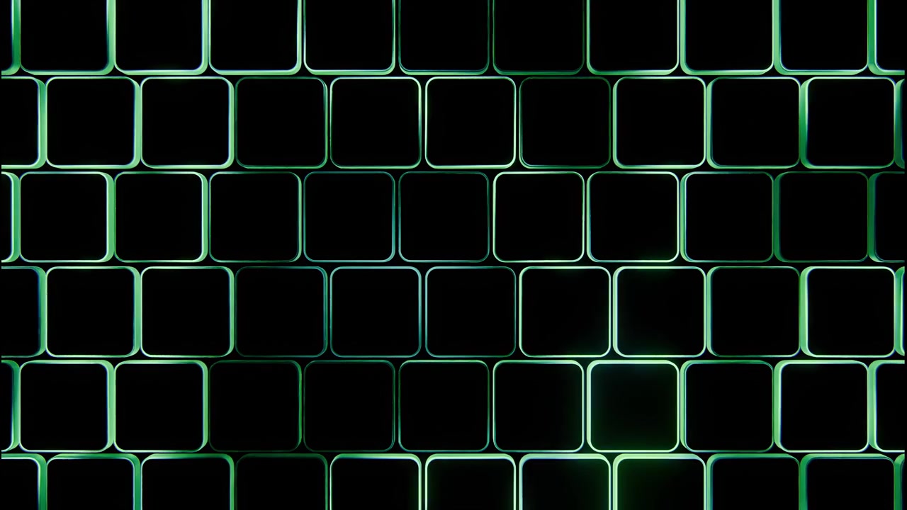 Frontal close-up shows staggered brick-like rows of rounded-square tiles with deep black centers, glossy beveled edges, and shifting green-cyan teal rim light, creating modern digital contrast on