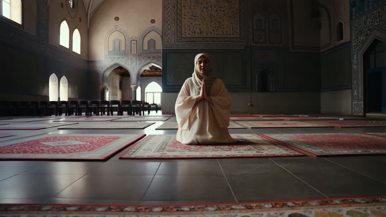 모스크 에서 기도 하는 무슬림 여자