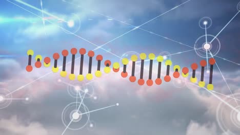 dna structure spinning over network of connections against clouds in the blue sky