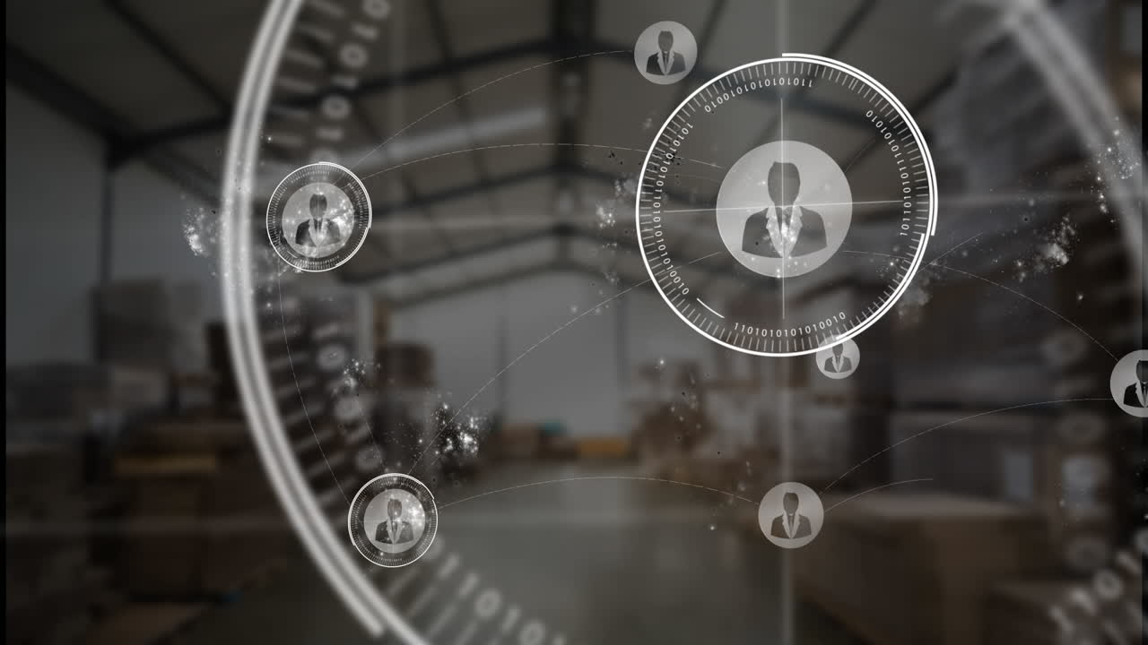 animación de varios iconos de perfil sobre el escáner redondo contra el almacén