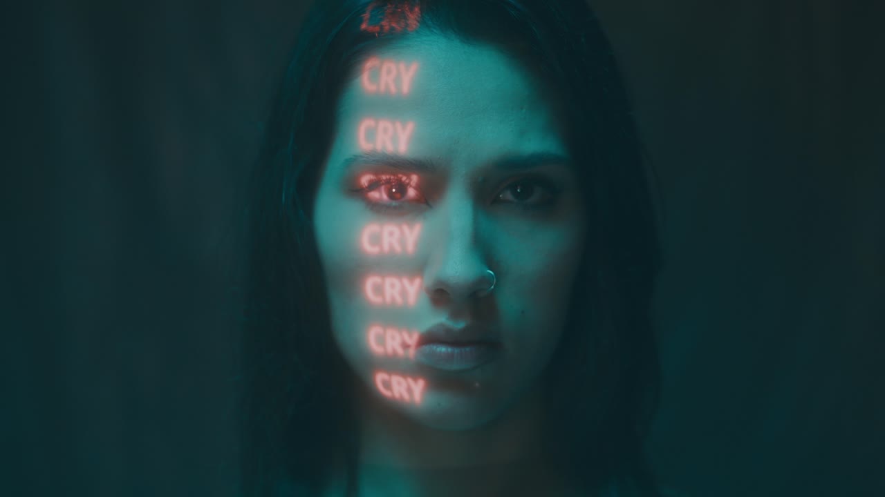 Woman with Neon 'Cry' Text Overlay