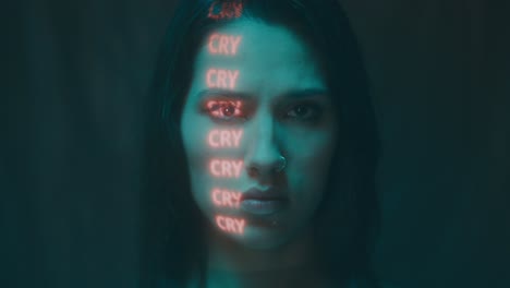 Woman with Neon 'Cry' Text Overlay