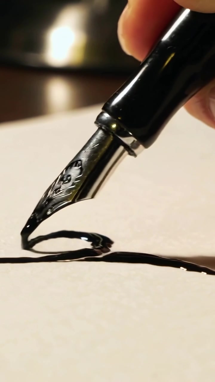 Video verticale: Mano che tocca una penna stilografica e disegna un vortice di inchiostro nero su carta, creando arte, con spazio per il testo.