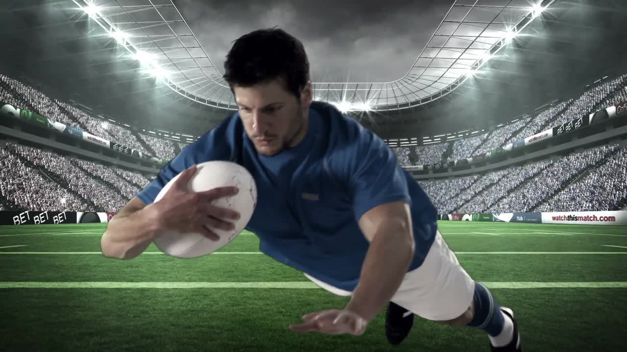 심각한 럭비 선수가 시도를 기록하고 있습니다.