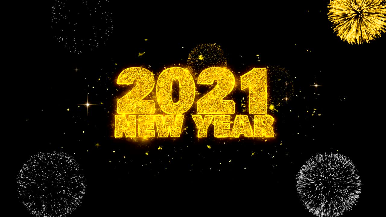 Rivelazione del testo di auguri per il Nuovo Anno 2021 su fuochi d'artificio con particelle dorate e glitter