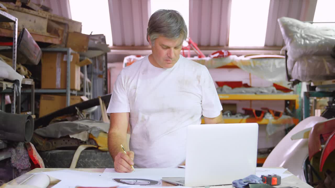 mecánico masculino dibujando el diseño del coche 4k