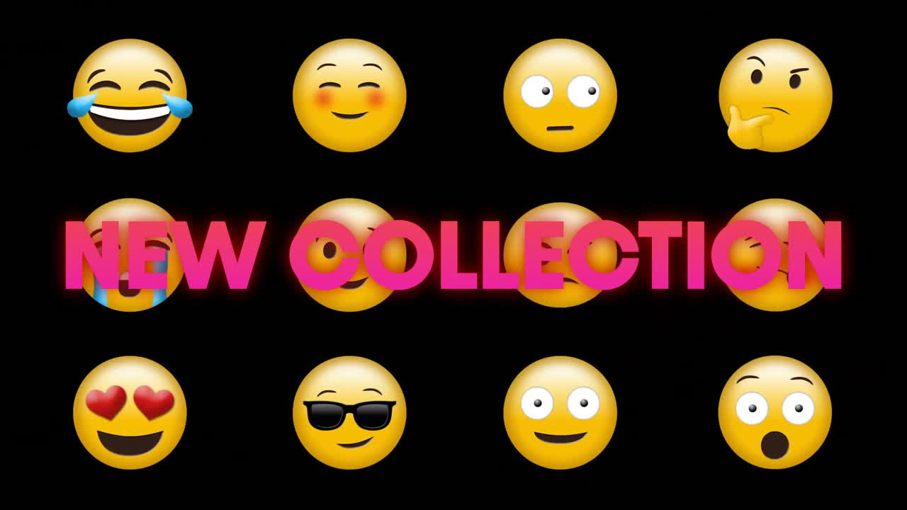 Animazione di testo 'Nuova collezione' su varie emoji su sfondo nero