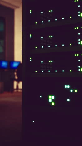 rack de servidor en un centro de datos por la noche