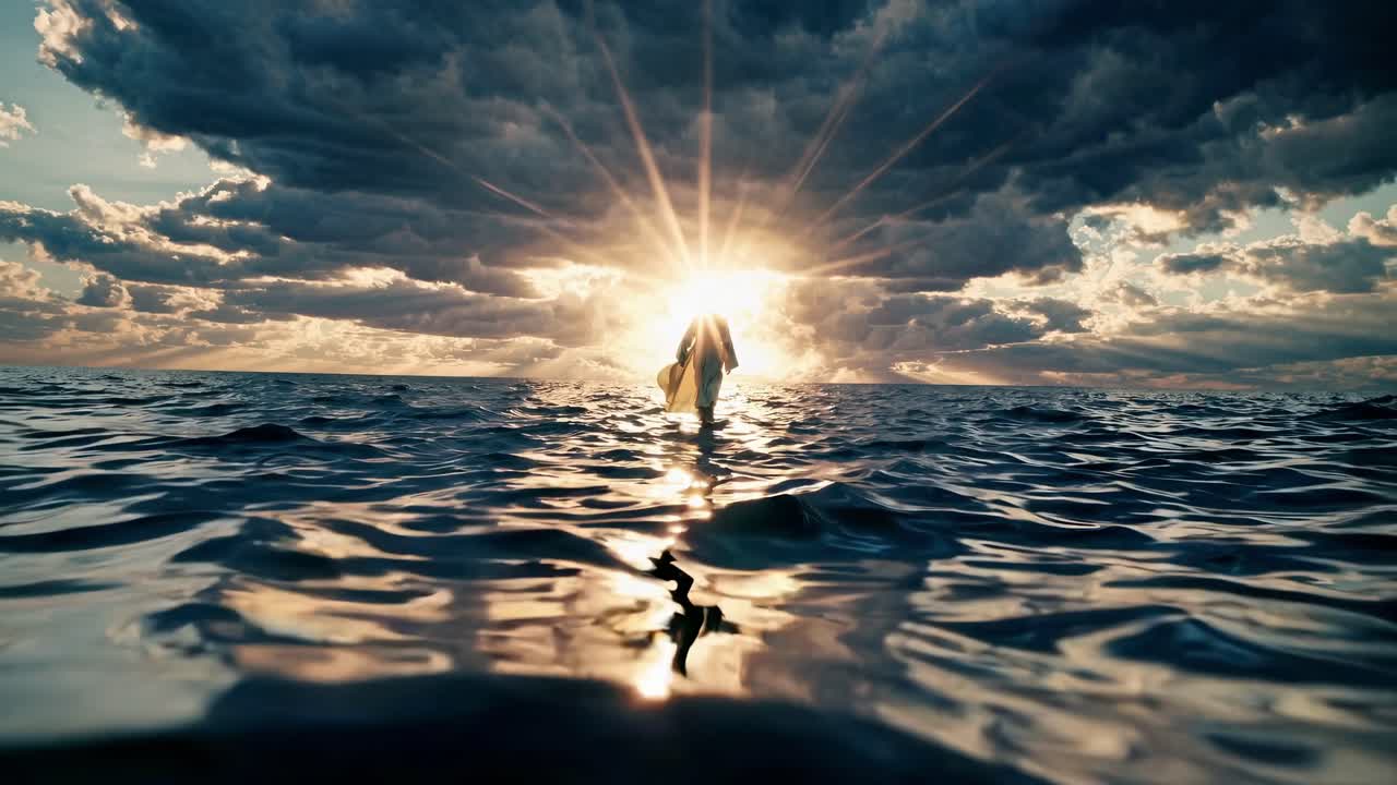 A dramatic low-angle video shot of a person walking on water towards a radiant sunset