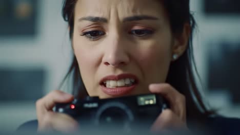 a young woman focuses intently on her camera in an art studio while participating in a creative workshop. the environment is filled with artistic works, inspiring creativity and learning.