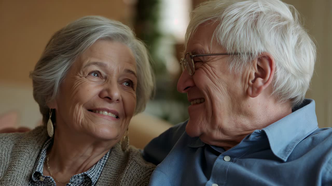 Coppia di anziani sorridenti che si scambiano sguardi affettuosi sul divano, l'uomo che parla, la donna che chiude gli occhi, occhiali