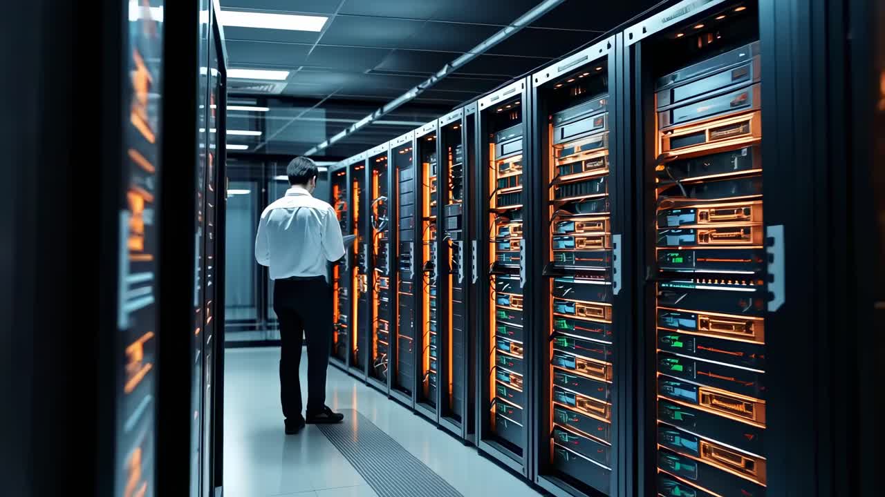 A man in a server room checks equipment. The video uses a low-angle shot, highlighting the modern