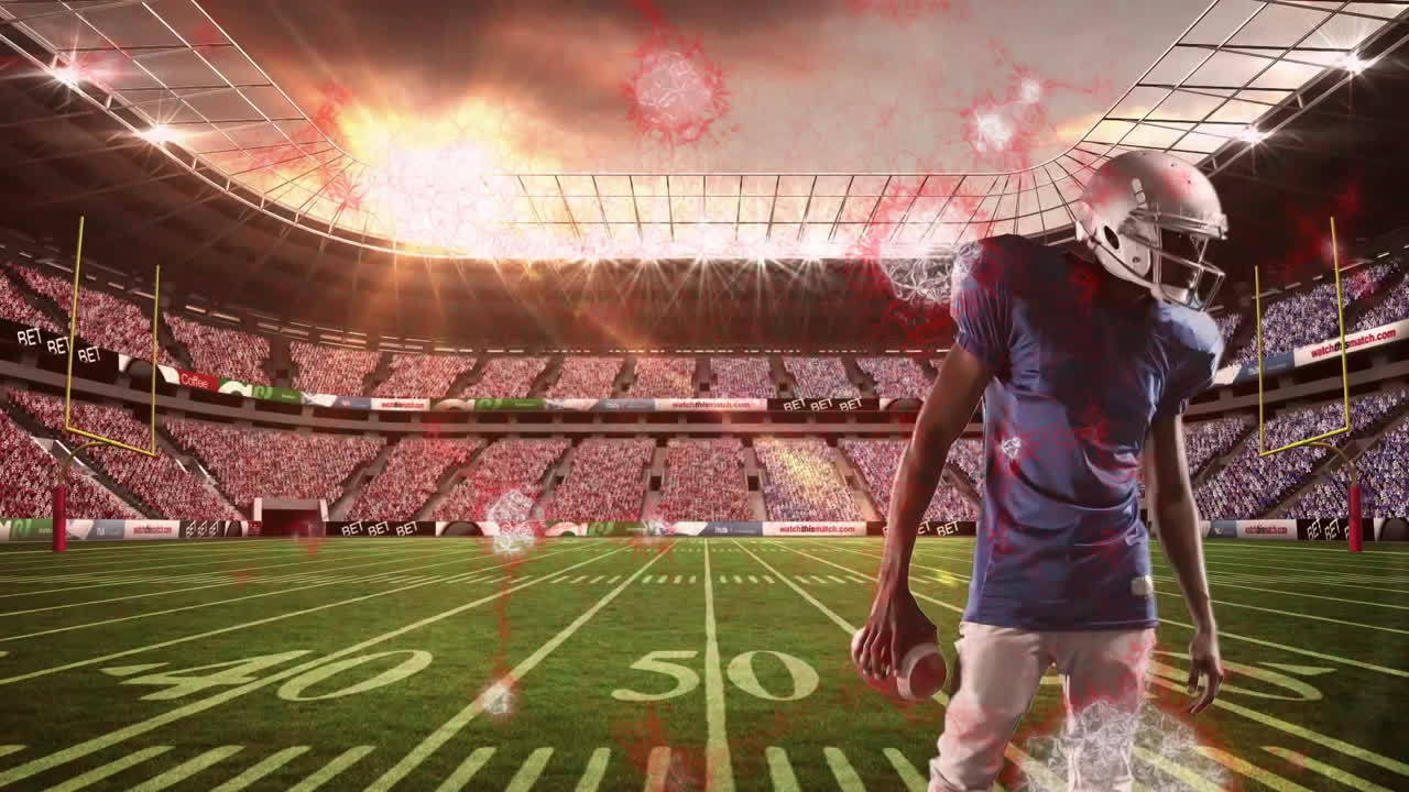 Sul campo, giocatore di calcio circondato da un'animazione di particelle virali nello stadio