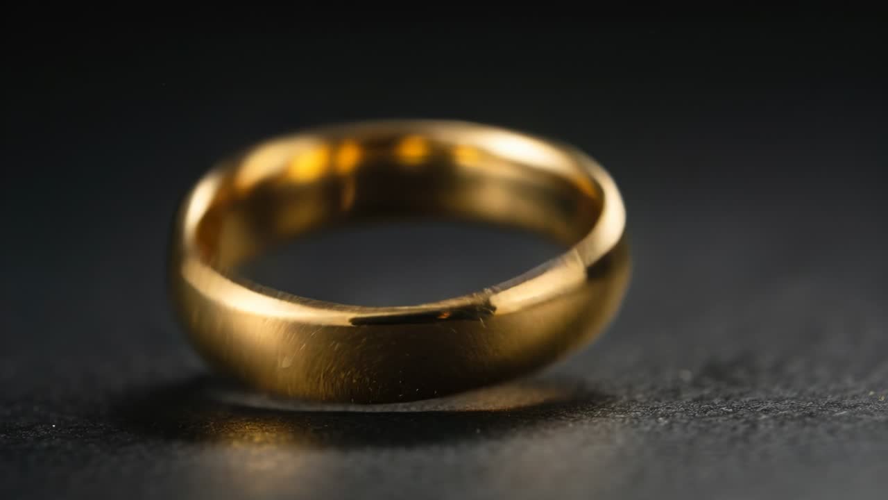 Fascia d'oro lucida che ruota e ondeggia su un piano d'appoggio opaco scuro, con inquadrature che rivelano polvere e graffi.