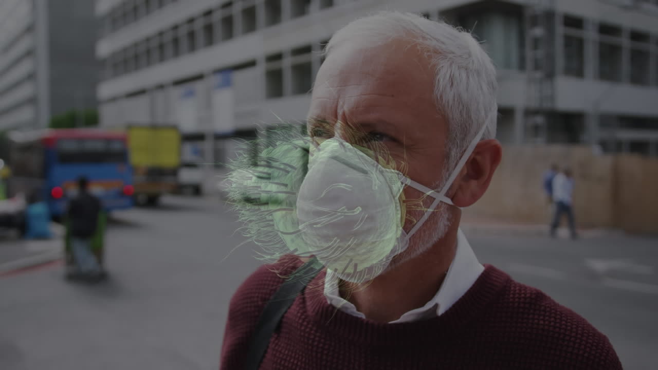 animación de células de covid-19 moviéndose sobre un hombre con una máscara facial