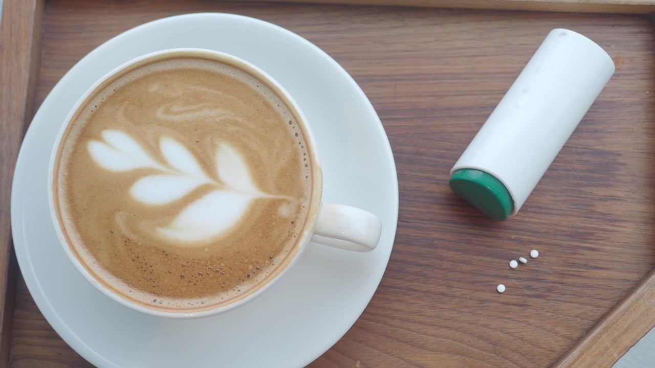 Latte with Sugar Substitute on Wooden Tray