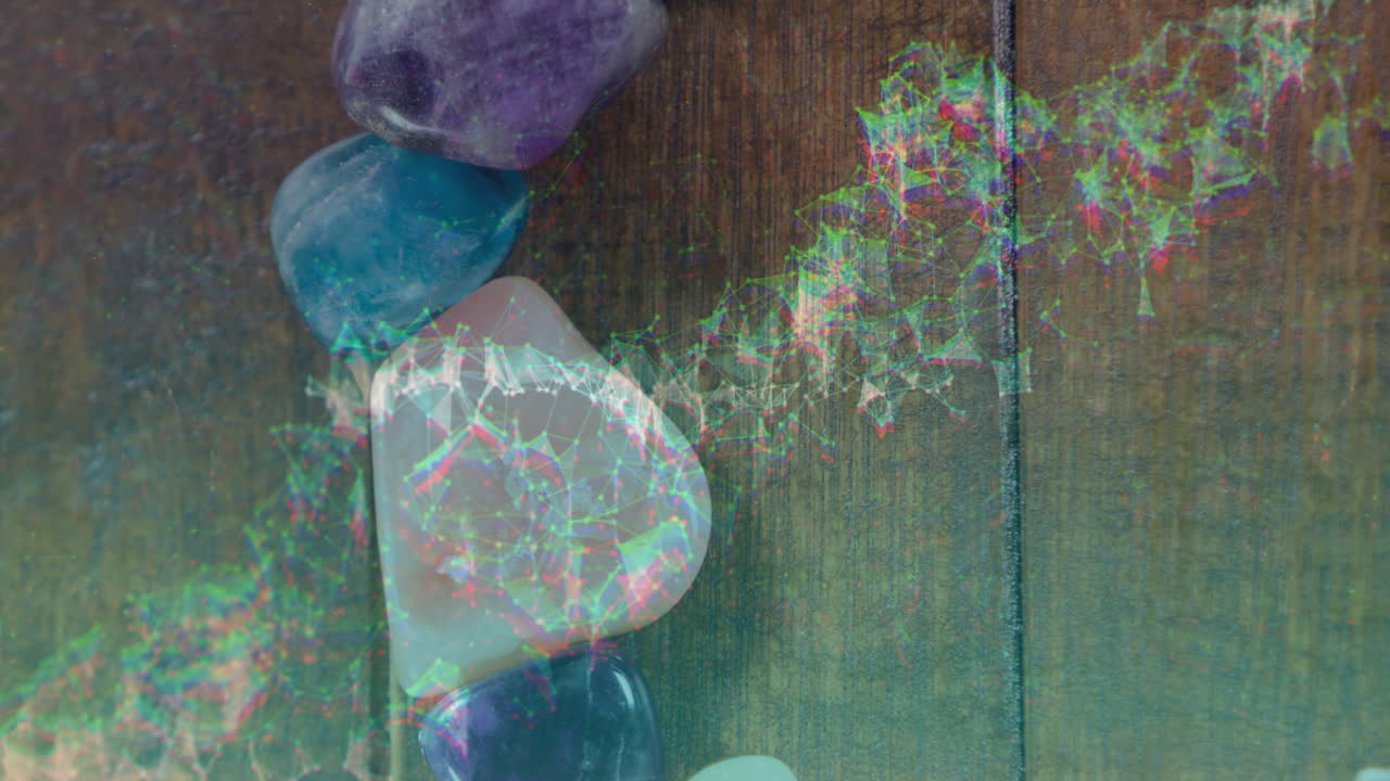 3D render crystals glowing under neon network overlay, highlighting heart-shaped rose quartz