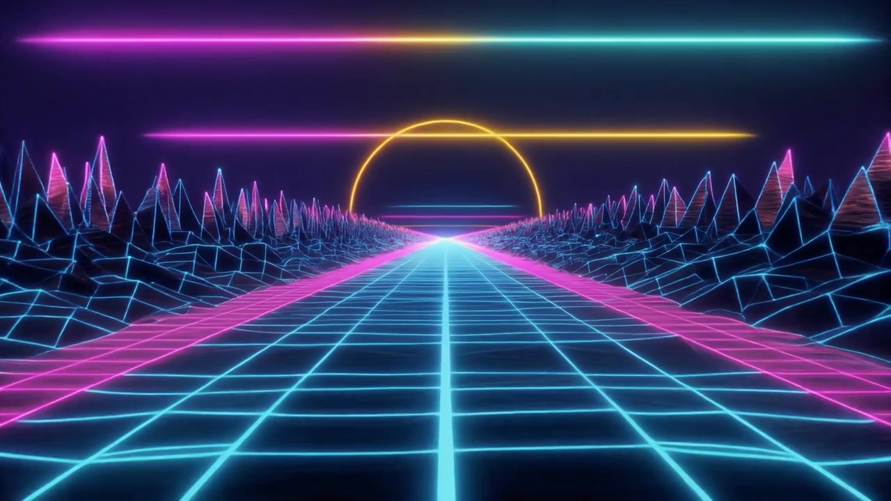 Paesaggio digitale in stile retro synthwave con griglia luminosa e sole