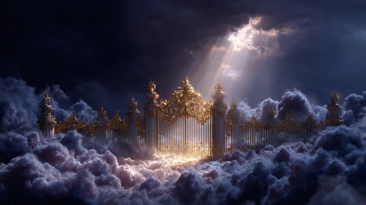 A Majestic Celestial Gate Emerges from the Ethereal Clouds, Bathed in Divine Light and Surrounded by Mystical Shadows, Symbolizing Hope and New Beginnings