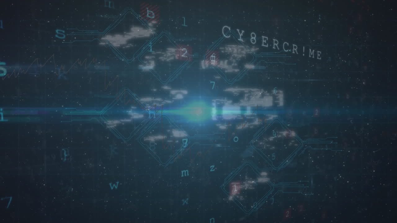animación de iconos digitales, puntos de luz y procesamiento de datos de seguridad cibernética contra un fondo azul