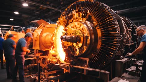 technicians repairing a turbine engine at a manufacturing facility at night