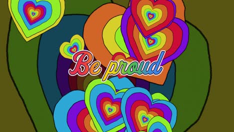 animación de ser orgulloso de texto y corazones arco iris.