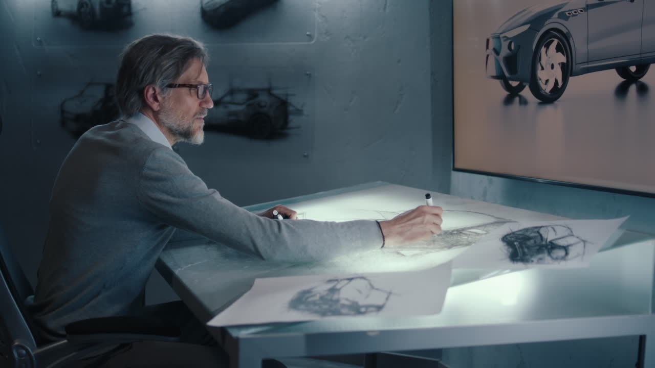 diseñador automotriz senior trabajando en bocetos de automóviles en un estudio de diseño moderno