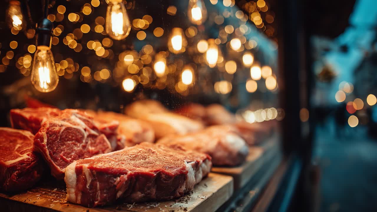 Vibrant Display of Fresh Cuts: A Close-up View of Juicy Meats with Twinkling Lights Creating a Warm, Inviting Atmosphere in a Butchery Setting