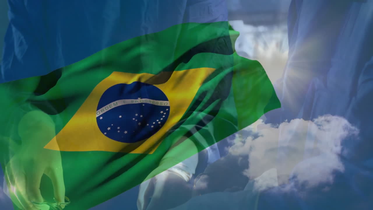 Brazilian healthcare workers in protective gear waving flag with animation effect