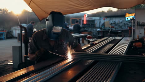 Welder at work in a metal fabrication workshop