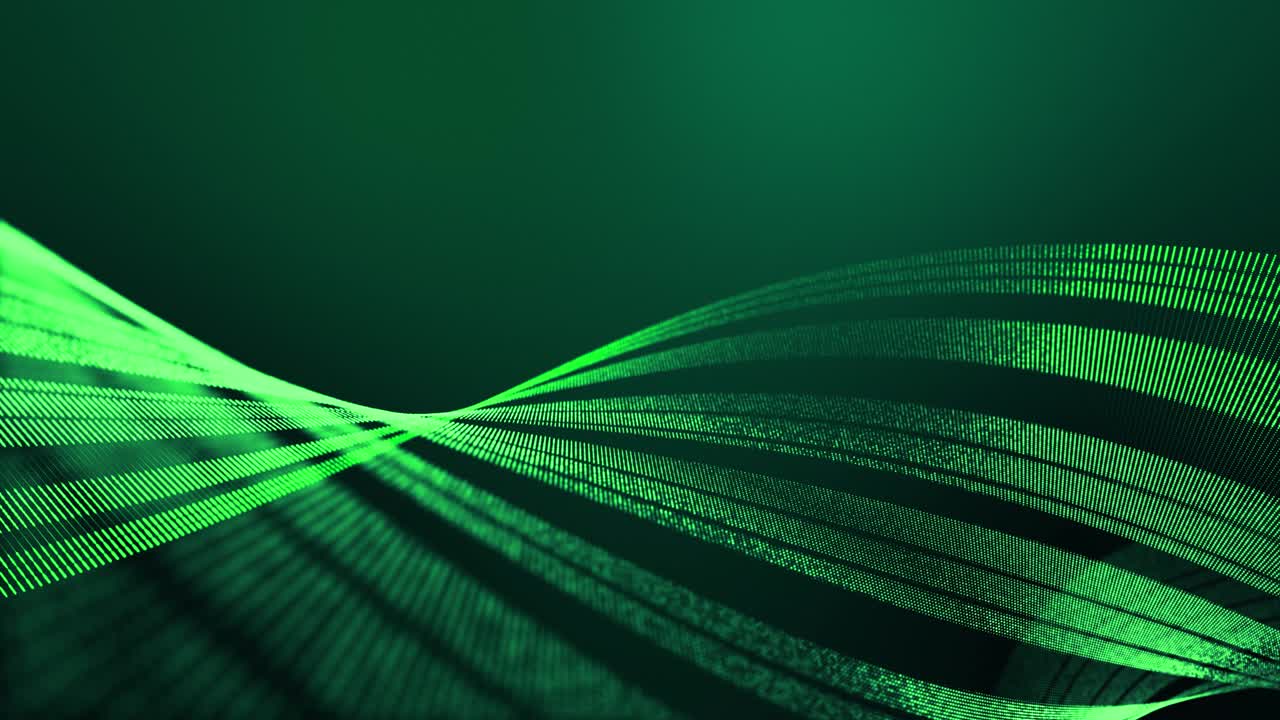 4k looped abstract green background of glow particles form lines, surfaces, spiral structures as futuristic landscape in cyberspace or hologram. Sci-fi theme with DOF, lighting effects and bokeh.