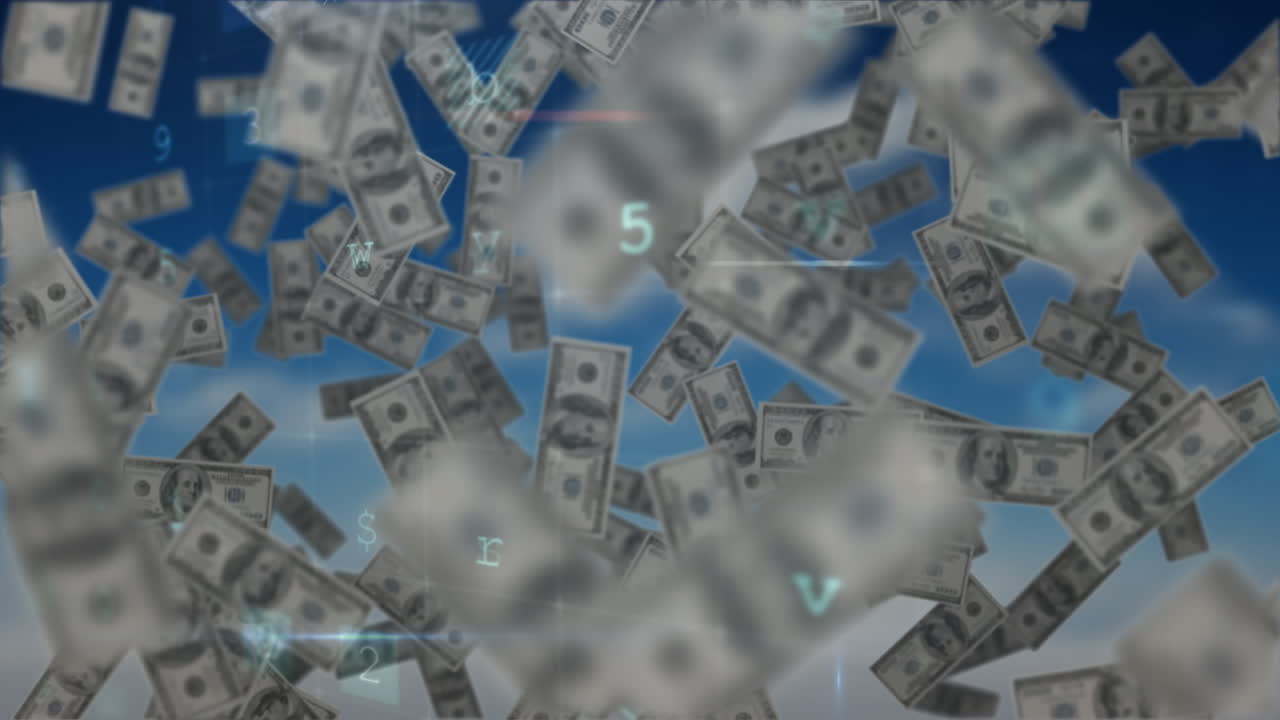 떨어지는 지폐 위에서 움직이는 데이터 처리의 애니메이션