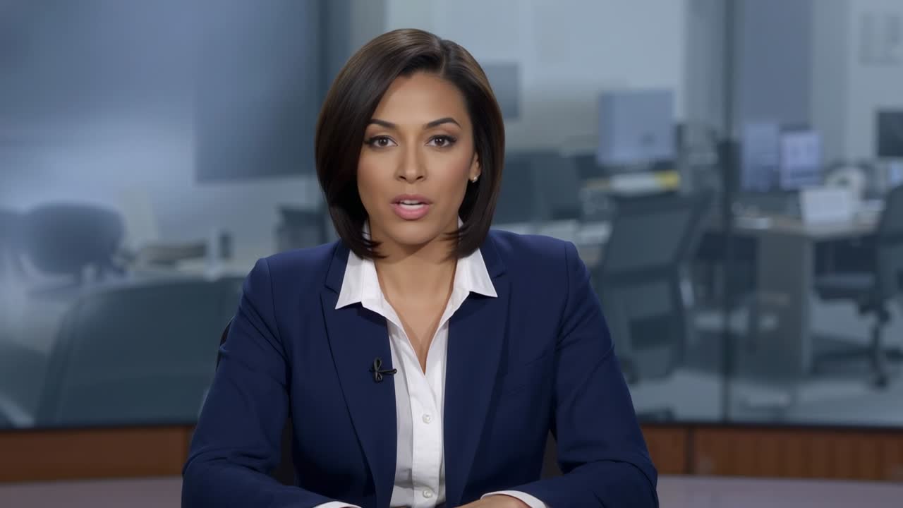 Teleprompter rolando, âncora lendo o boletim na mesa com papel, microfone de lapela, blazer, camisa branca