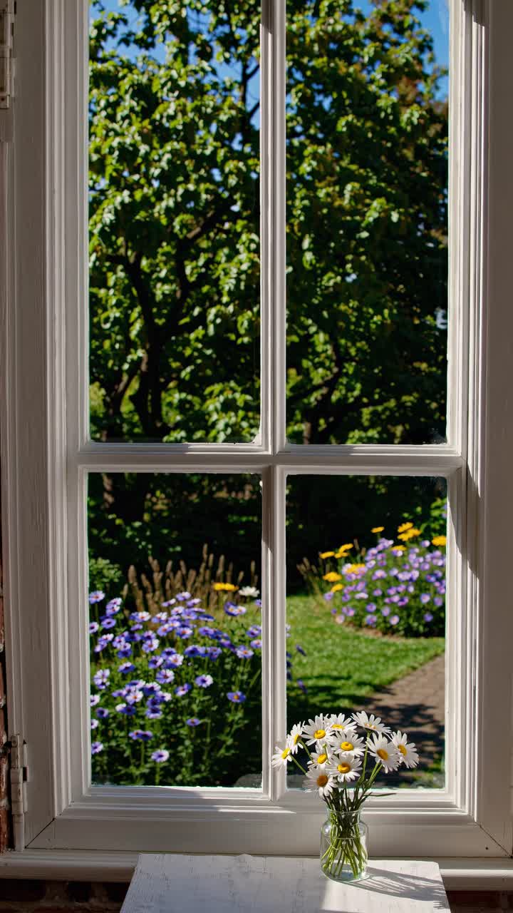 The video captures a serene garden view through a window, focusing on vibrant flowers and lush