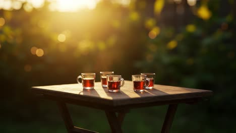 a tranquil evening scene featuring delicate glasses of tea on a rustic table, capturing the warm glow of sunset and the soft colors of nature in the background