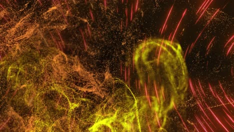animación de partículas naranjas y amarillas que se mueven con rayas de luz rojas y rosadas sobre fondo negro