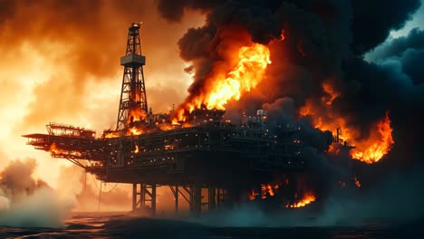an oil rig on fire in the ocean