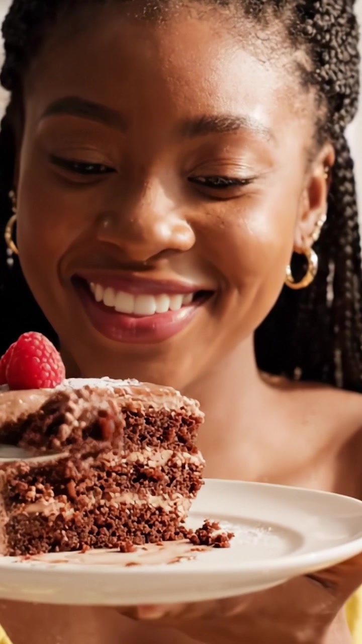 Moment de pur délice : une femme savourant une part décadente de gâteau au chocolat garni de framboises, exprimant sa joie à chaque bouchée.