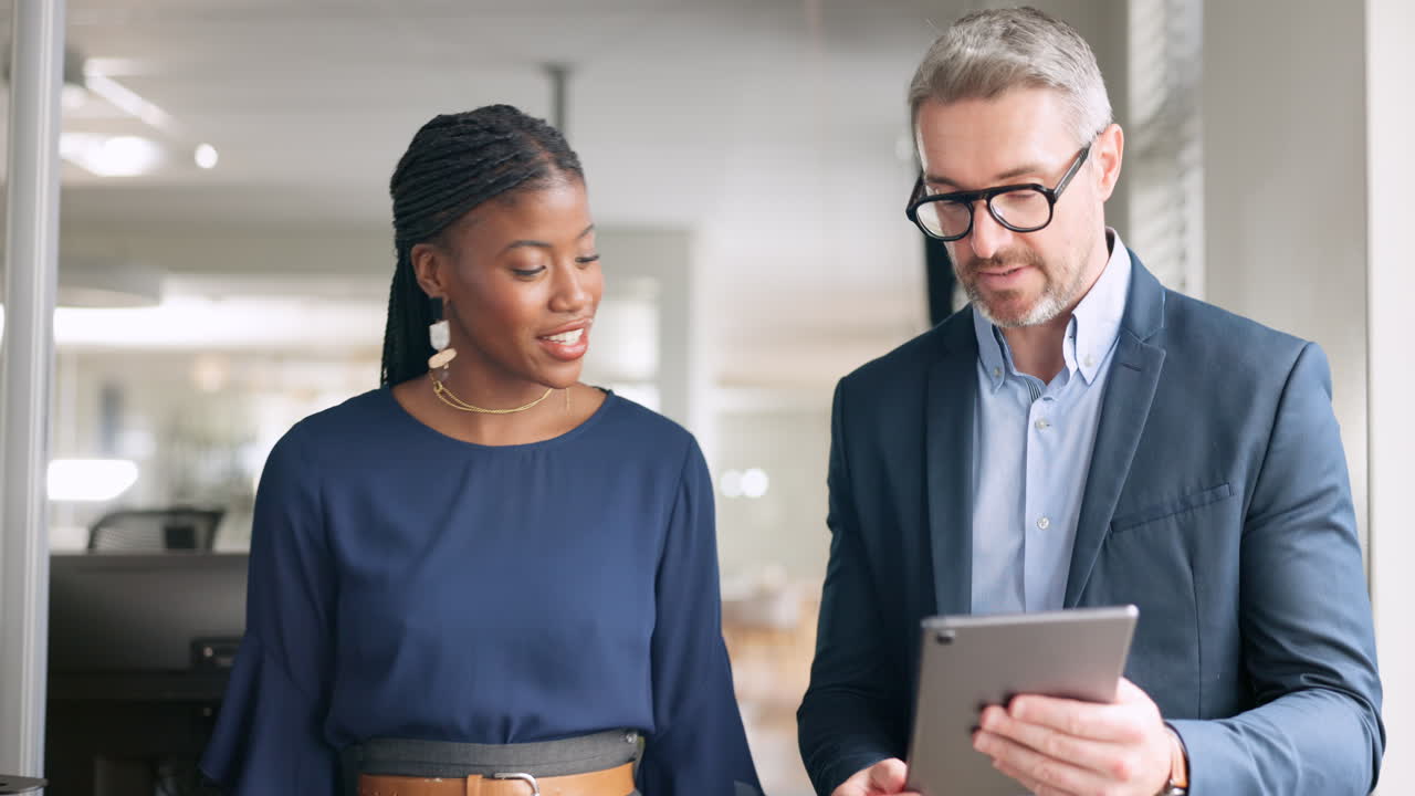 Business people, discussion with tablet