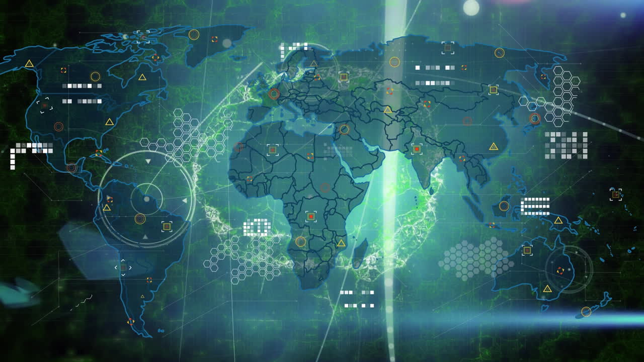 Animation of icons, brain, world map and lights on black background