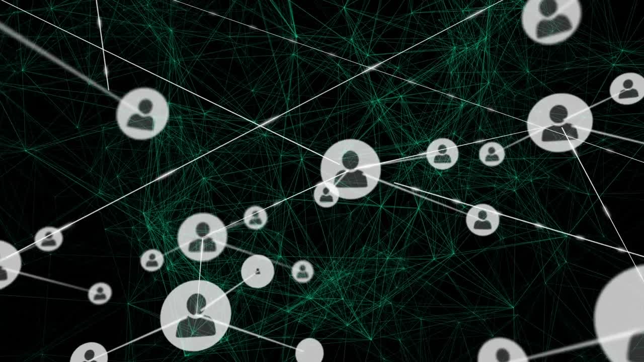 Animation of network of connections with icons over black background