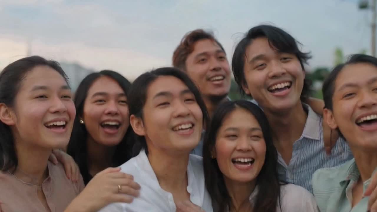 Enthusiastic Group of Happy Young Asian Friends Cheering Together Outdoors