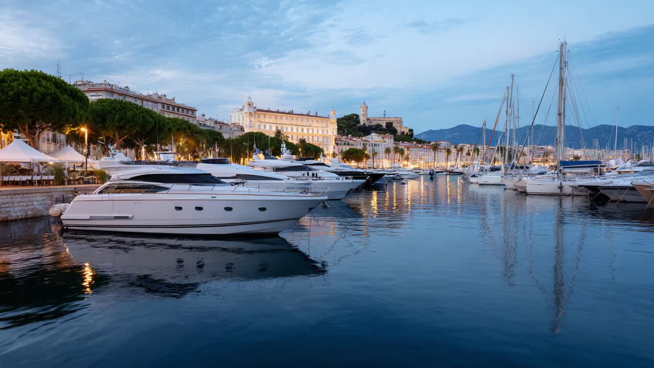 Splendide viste sul porto con yacht di lusso e riflessi sereni sull'acqua al crepuscolo, che combinano il fascino costiero con le vivaci luci della città in un'atmosfera incantevole
