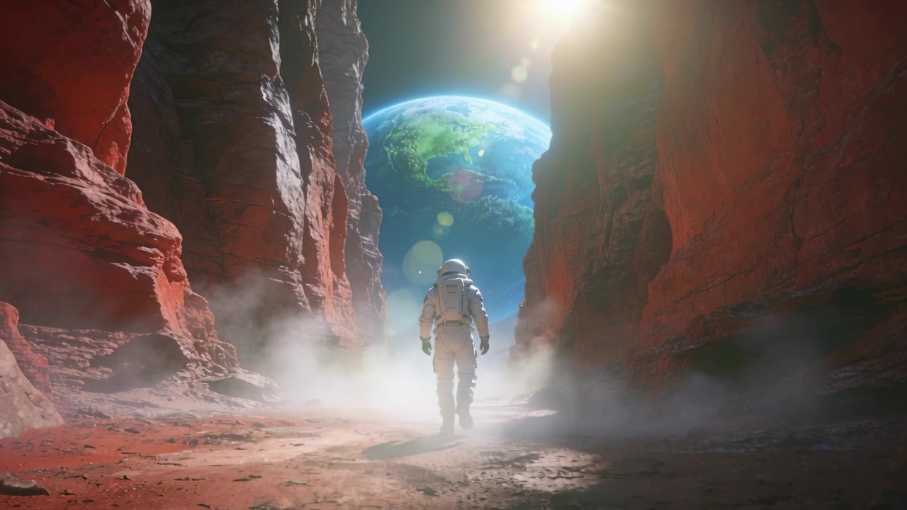 Sunlight drawing astronaut in white spacesuit, walking down red canyon to blue planet and sun ahead
