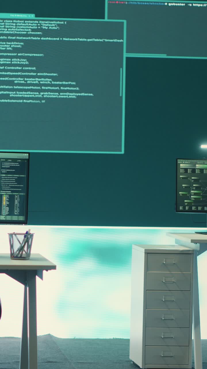 Empty Modern Office with Computer Screens Displaying Data and Code