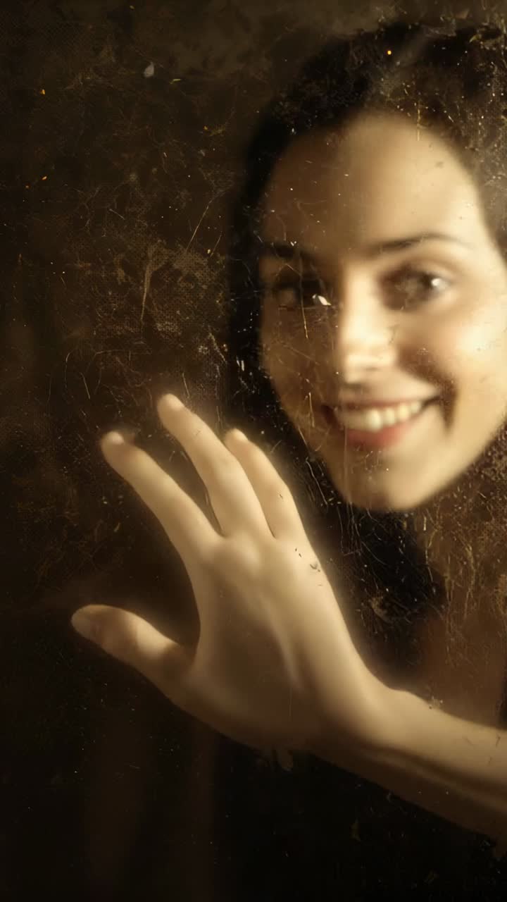 Video verticale: mano che preme un vetro simile a una ragnatela, donna che rivela occhi blu luminosi in un corridoio