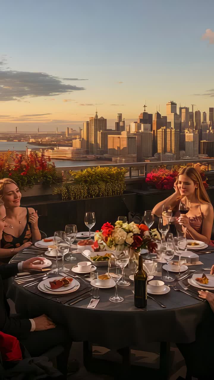 Vertical video: Chat sparking right woman in gown lifting wine glass speaking at roof with flowers