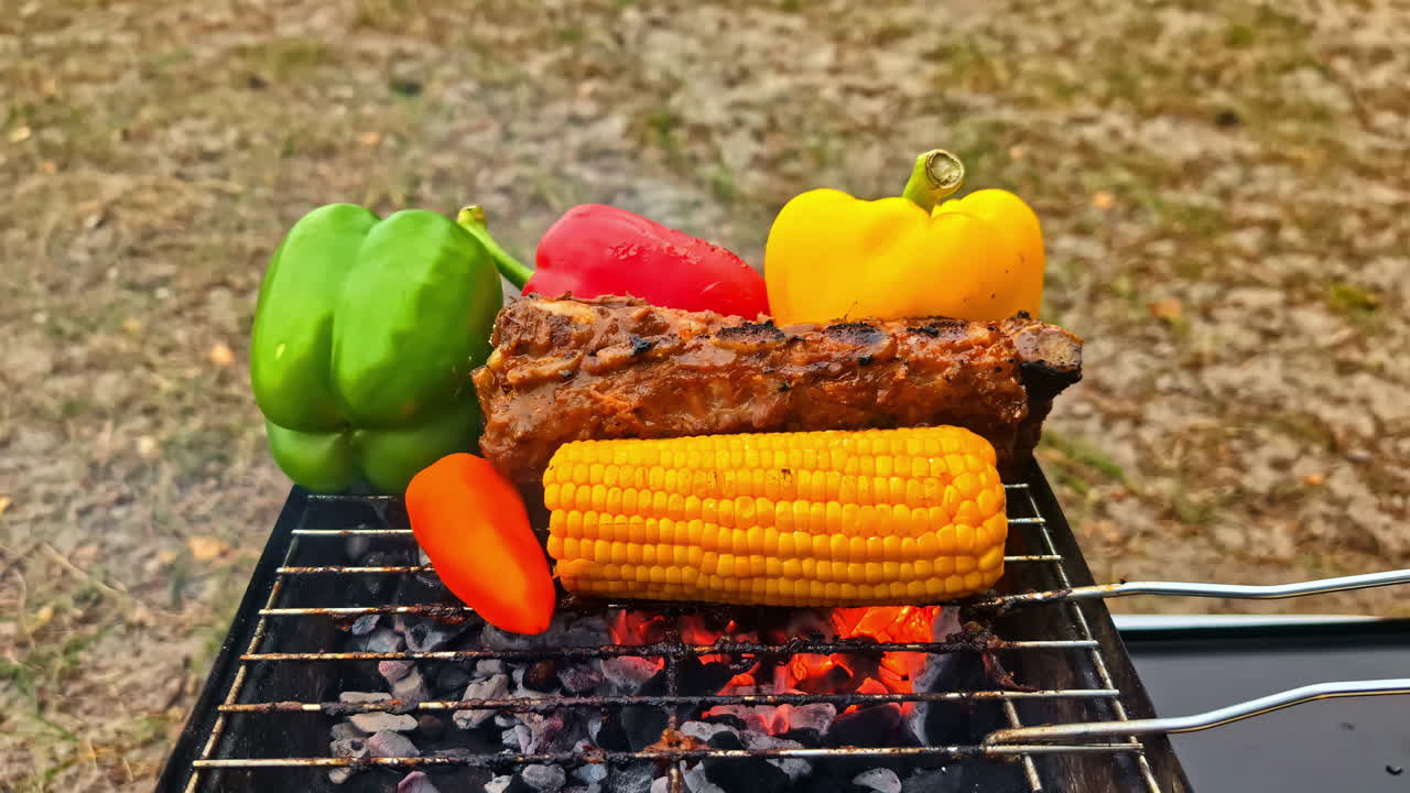 Grilled corn, ribs and colorful peppers cooking over hot coals at outdoor barbecue