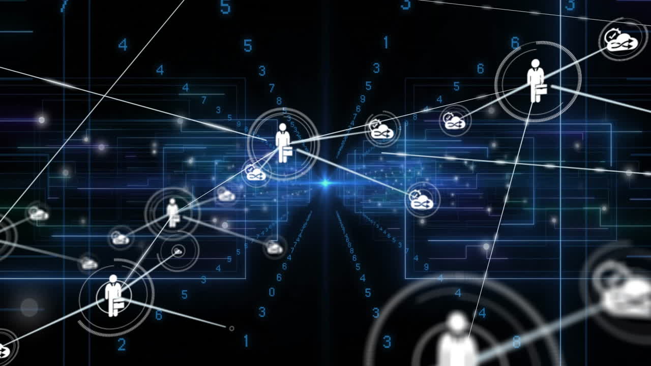 Animating network connections and data processing over digital human figures and numbers
