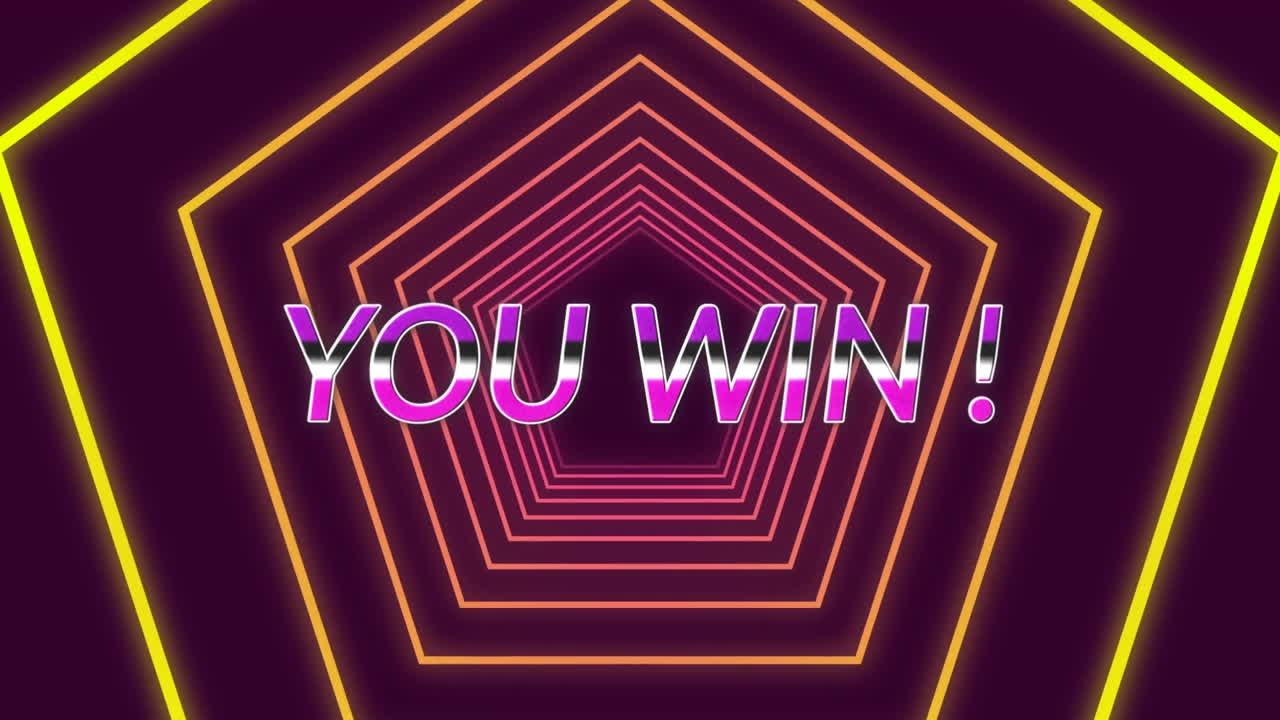 Purple level up text against neon yellow hexagons in seamless motion on black background